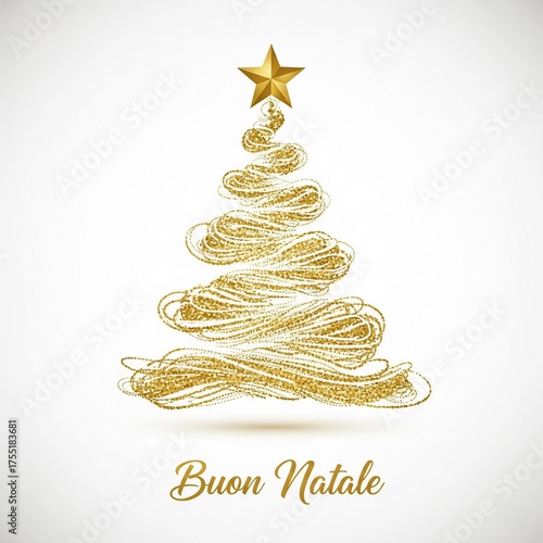 Handgemalte Weihnachtskarte mit einem Weihnachtsbaum und Frohe Weihnachten auf italienisch geschrieben.Buon Natale.Merry Christmas in italian.