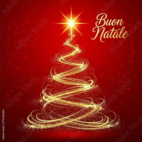 Handgemalte Weihnachtskarte mit einem Weihnachtsbaum und Frohe Weihnachten auf italienisch geschrieben.Buon Natale.Merry Christmas in italian.