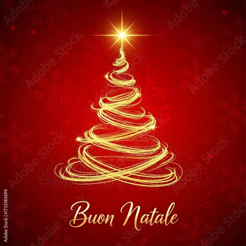 Handgemalte Weihnachtskarte mit einem Weihnachtsbaum und Frohe Weihnachten auf italienisch geschrieben.Buon Natale.Merry Christmas in italian.