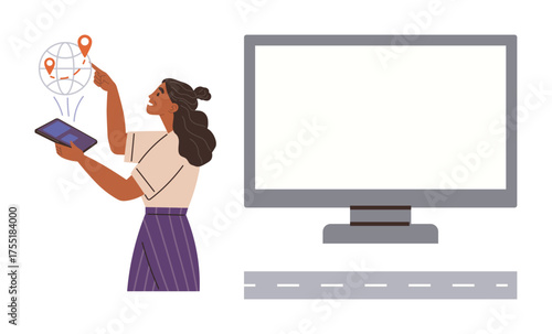 Woman interacting with a tablet showing global navigation features and map markers, next to a blank monitor and a simplified road. Ideal for technology, navigation, innovation, global connection
