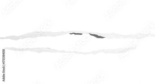 Two torn white paper strips with jagged edges against a dark void, isolated on a white or transparent background, cutout, PNG