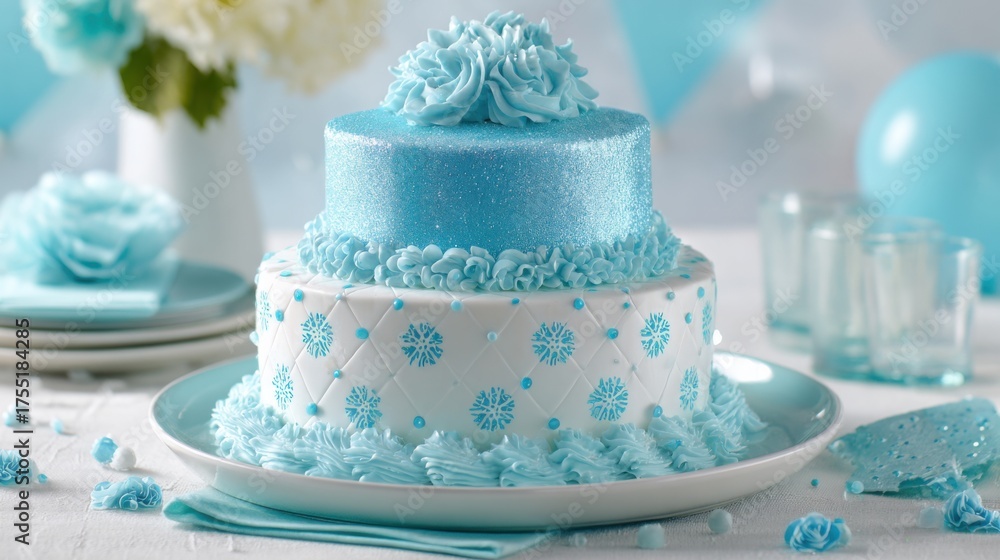 Fototapeta premium A beautifully designed blue cake sits on a white table perfect for a winter event celebration.