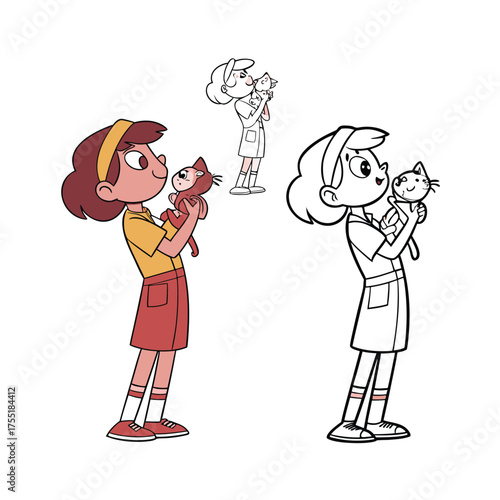 Charming cartoon girl holding a small puppy joyful playtime scene animated style isolated on transparent background