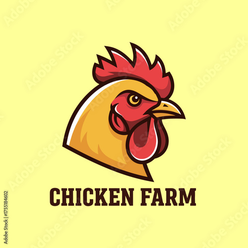 A vibrant cartoon logo featuring a stylized yellow and red rooster head with "CHICKEN FARM" text.
