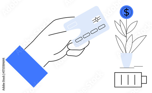 Hand offering credit card, plant sprouting dollar sign symbol, and battery charge icon for finance. Ideal for payment, investment, savings, sustainability, banking energy e-commerce. Simple flat