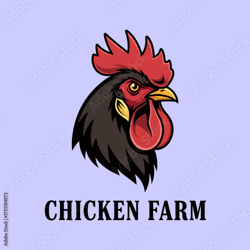 Cartoon rooster head logo for a chicken farm business.