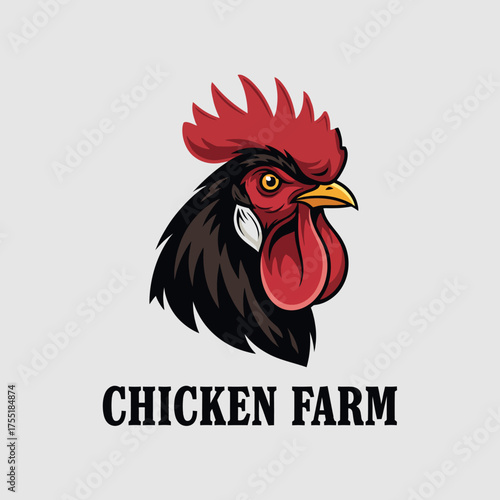 A stylized logo of a rooster's head for a chicken farm, featuring a red comb and black feathers on a grey background.