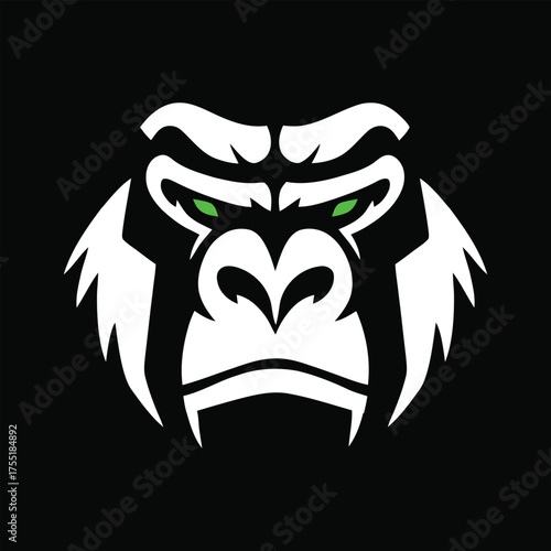 A stylized gorilla head with intense green eyes, set against a black background.