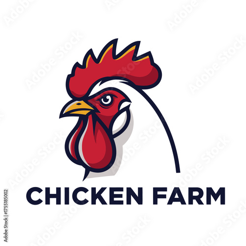A modern logo design featuring a stylized rooster head for a business named Chicken Farm.