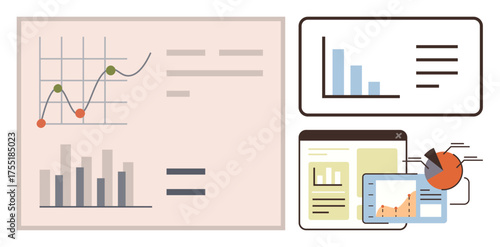 Line graphs, bar charts, pie chart, and report displays illustrating data, analysis, and trends. Ideal for business, economics, marketing presentations research analytics education simple flat