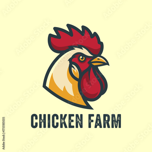 A stylized illustration of a rooster's head with a red comb and wattle, set against a pale yellow background with the text "CHICKEN FARM" below.
