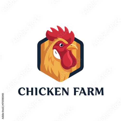 A vibrant logo for a chicken farm featuring a stylized rooster head in a hexagonal wooden frame on a clean white background.