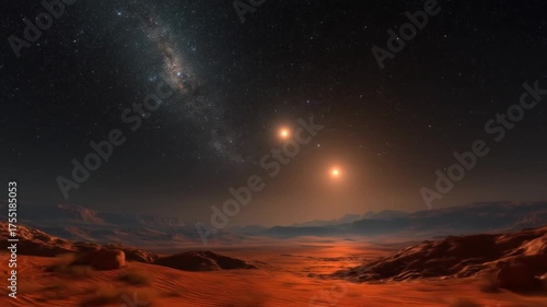 Alien world with two suns and a glowing galaxy. Distant exoplanet landscape under a binary star system in deep space.