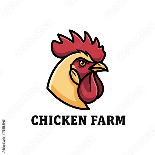 A detailed illustration of a rooster's head, representing a chicken farm with text below.