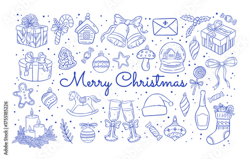 Set of vintage hand draw Christmas decoration element, drink, gift box, candles, Xmas stocking, sweets vector illustration. Doodle New Year clipart. Retro winter holidays design