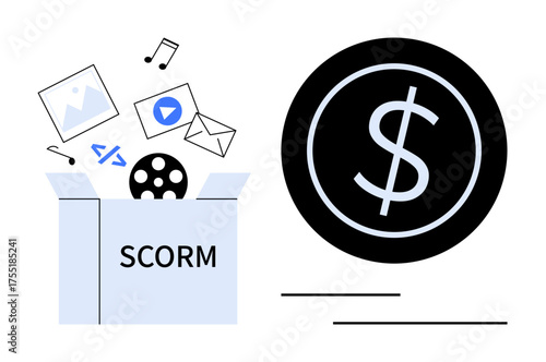 Box labeled SCORM releasing files, multimedia icons, code snippet alongside large dollar sign. Ideal for e-learning, content management, standards, monetization, technology, business education