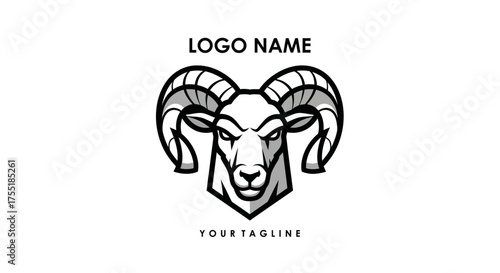 A striking black and white logo featuring the head of a ram with large, curved horns.