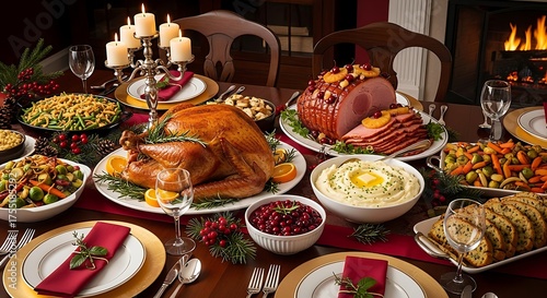 Festive Feast: A lavish table laden with a traditional holiday spread, overflowing with roasted turkey, succulent ham, and various delectable sides, evoking warmth and togetherness. 