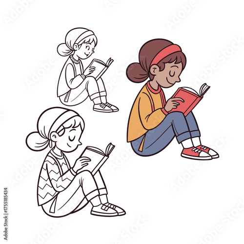 Young girl reading a book with a shadow silhouette companion nearby isolated on transparent background