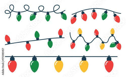 Christmas lights vector set featuring decorative string lights, buildable borders, and frames, hand-drawn illustration perfect for holiday decoration, greeting cards, and seasonal graphic design proje
