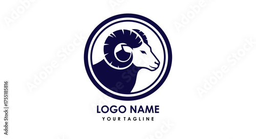 A bold ram head profile with majestic horns, enclosed in a circular emblem for a powerful logo design.