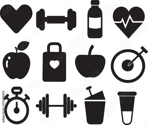 Black silhouette icons for fitness and health on white Keywords: heart, dumbbell, water bottle