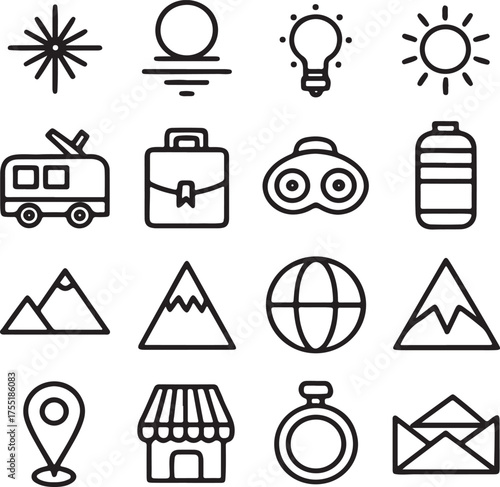 Outline Icons for Travel, Nature, and Ideas snowflake light bulb