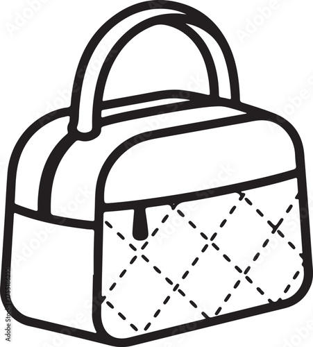 Black and white outline drawing of a quilted handbag Keywords: handbag, purse, bag, fashion, accessory