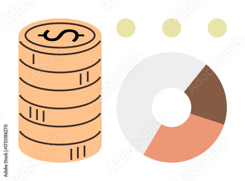 Coins representing wealth beside a pie chart illustrating data analysis. Ideal for finance, business strategy, economics, budgeting, investment, statistics, accounting. Simple flat metaphor