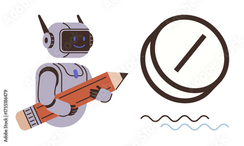 Robot holding large pencil next to abstract shapes, symbolizing creative ideas, technology, progress, and problem-solving. Ideal for tech art, automation, education, innovation creativity design