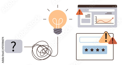Tangle leading to lightbulb, browser graphs, rating screen, and alerts. Ideal for creativity, problem-solving, analytics, innovation, risk management user experience simple flat metaphor
