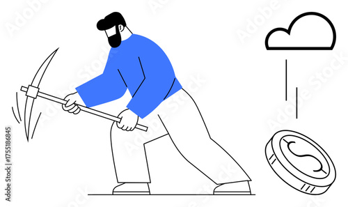 Man in blue shirt holding pickaxe, striking the ground toward a coin while a digital cloud hovers. Ideal for concepts thumbs up blockchain, cryptocurrency, technology, investment, innovation, digital
