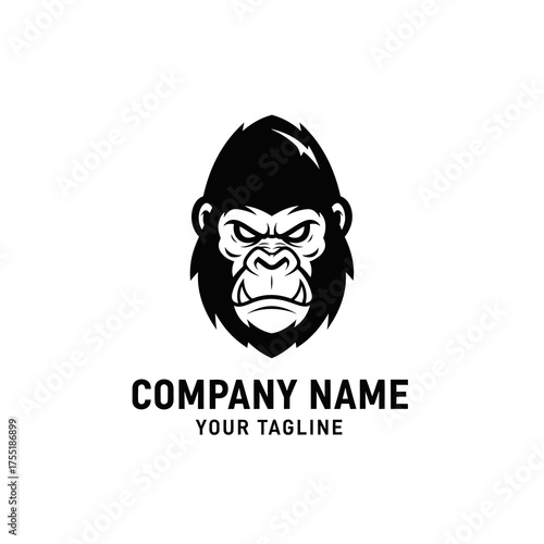 Black and white vector illustration of an angry gorilla head, designed as a powerful logo with text placeholders below for company name and tagline.