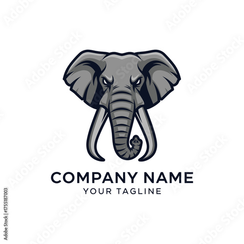 A powerful and aggressive grey elephant head logo design with large tusks, featuring a stylized and fierce expression, suitable for a company brand.