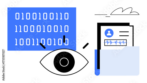 Eye analyzing binary code next to a folder containing personal profile and data protection documents. Ideal for cybersecurity, data privacy, machine learning, digital identity, surveillance, data