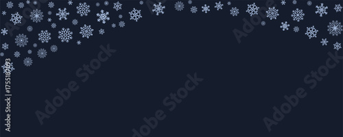 Rectangular wave border made of blue snowflakes, isolated on dark background. Frosty winter abstract design for seasonal, festive and holiday compositions