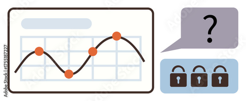 Statistical graph with trend line and points on a grid, question bubble, padlocks representing data security. Ideal for data analysis, cybersecurity, problem-solving, encryption, information