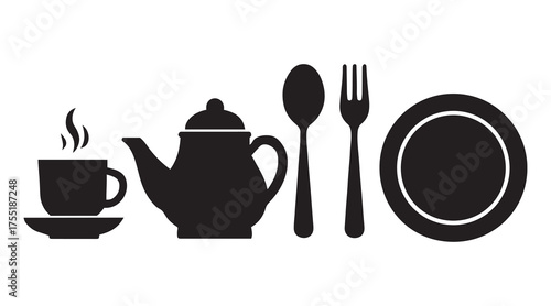 Modern Kitchen Silhouette Vector , Coffee Cup, Teapot, Spoon, Fork, and Plate Icon Set