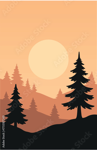 Sunset Pine Forest Landscape Vector , Minimalist Nature Scene with Mountains and Silhouette Trees