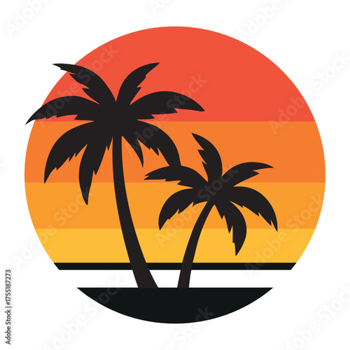Tropical Sunset Palm Tree Silhouette – Vintage Beach Vector, Summer Vacation Retro Design
