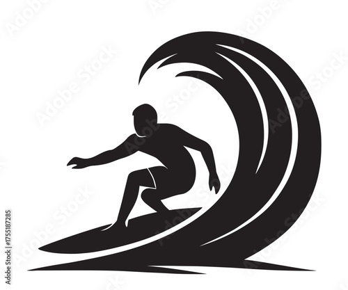 Surfer Silhouette Vector – Surfing Man Riding Big Wave Illustration, Ocean Sports Graphic Design