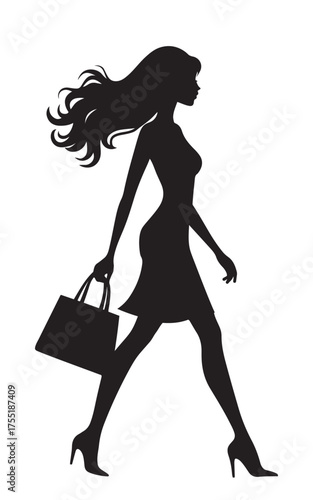 Elegant Fashion Woman Silhouette , Shopping Girl Vector , Stylish Lady Walking with Handbag , Modern Female Fashion Illustration