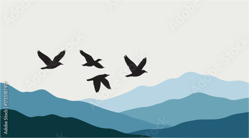 Flying Birds Silhouette Over Mountains – Minimal Landscape Vector Illustration with Blue Layered Hills