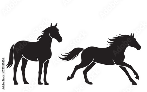 Horse Silhouette Vector , Running and Standing Horse Design , Elegant Black Animal Clipart for Farm Art, Logo, and Cricut Projects
