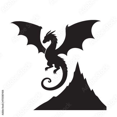 Majestic Flying Dragon Silhouette Over Mountain – Mythical Fantasy Creature Vector Design