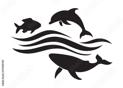 Marine Life Silhouette – Dolphin, Whale, and Fish Vector Illustration with Ocean Waves