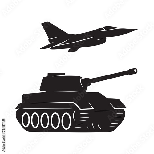 Military Tank and Fighter Jet Silhouette Vector – War Machine Illustration for Army and Defense Designs