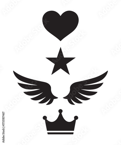 Heart Star Wings and Crown Silhouette Vector – Minimal Symbol Design for Logo and Tattoo Art