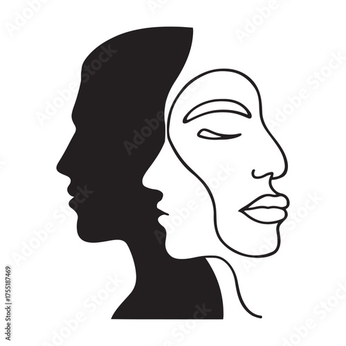 Minimalist Abstract Face Line Art , Dual Silhouette Portrait , Modern One Line Drawing , Contemporary Wall Art Vector
