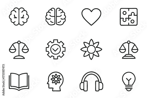 Abstract Icons Brain Heart Gear Flower Scales Book Headphones mind thinking